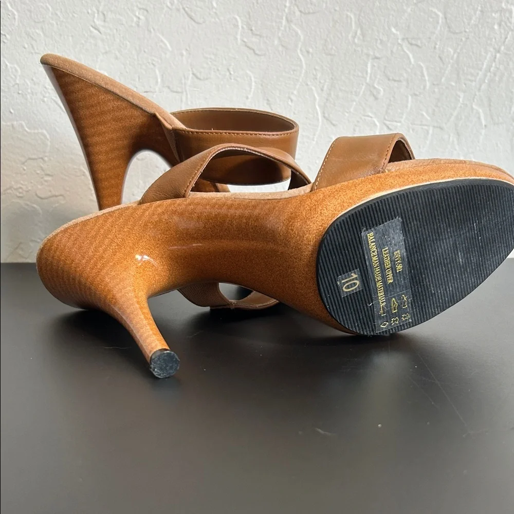 NWOT Women's Leather Strap Tan High Heel Sandal Mules - Picture 4 of 8